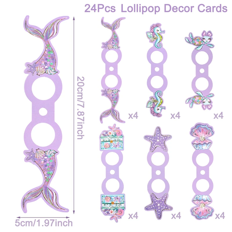 24 Stück lila Meerjungfrauen-Lollipop-Halterkarten, 6 gemischte Muster, Süßigkeiten-Lollipop-Papierkarten, Dekoration im Unterwasser-Thema, Geschenk-Gastgeschenke – Detail 1