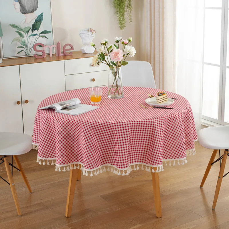 TABLECLOTH AROUND-Cotton Linen Tassel Tablecloth, Plaid Round Tablecloth, Red Striped Lattice Table Map, Wedding Cloth Cover