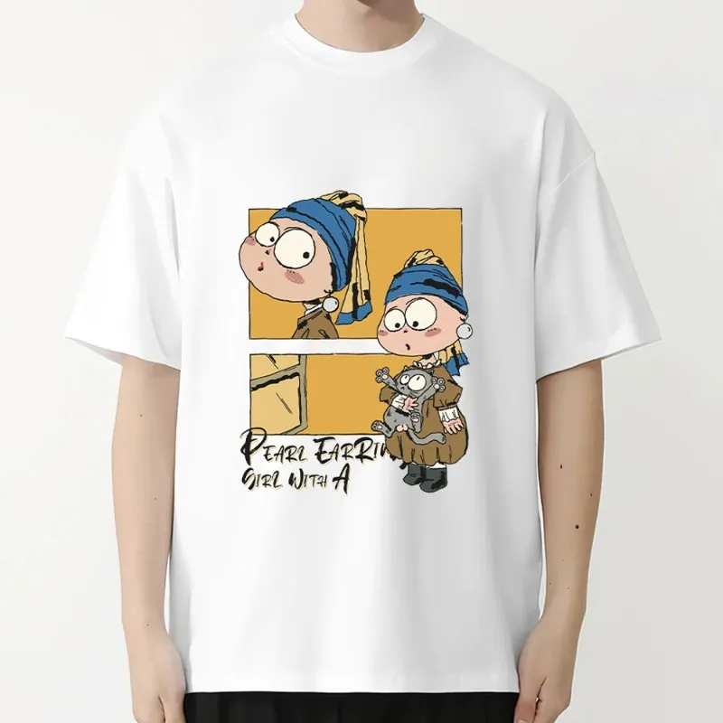 Girl with a pearl earring T Shirt Men Couple Combination Women Clothes Short Sleeve Collar Fashion Cotto