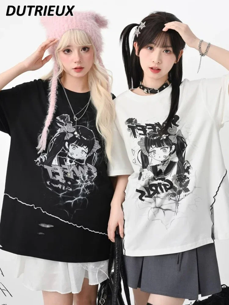 Japanese Wear Anime Cartoon Printed Short Sleeve T-Shirt Women's Summer Y2K Gothic Girlfriend Pleated Mini Skirt Set Outfits