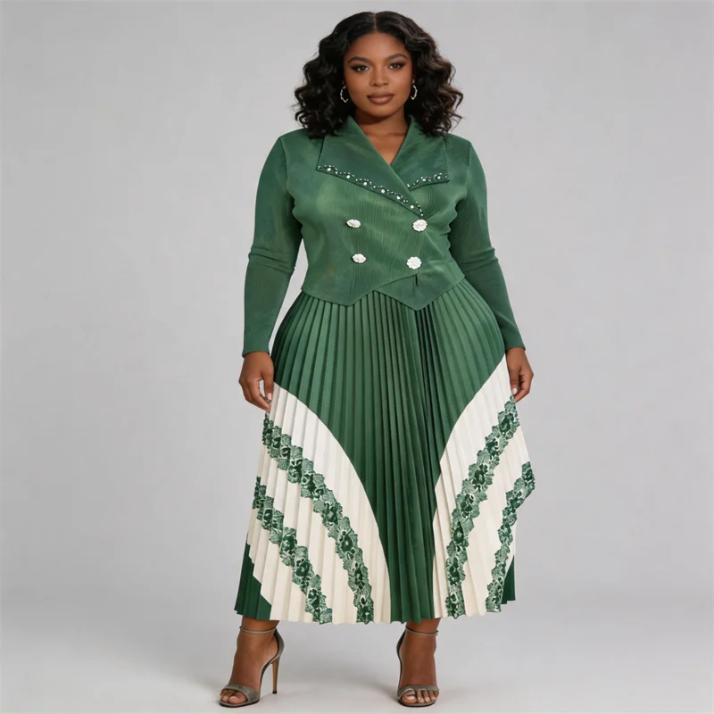 

Miyake Pleated Women's Casual Dress 2026 New Beaded Print Loose Large Size Suit Collar Long-sleeved Fake Two-piece Dresses
