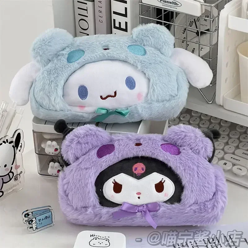 Sanrio Hello Kitty Plush Pencil Case Kawaii Cinnamoroll Kuromi Large Capacity Stationery Cosmetics Pencil Pouch School Supplies