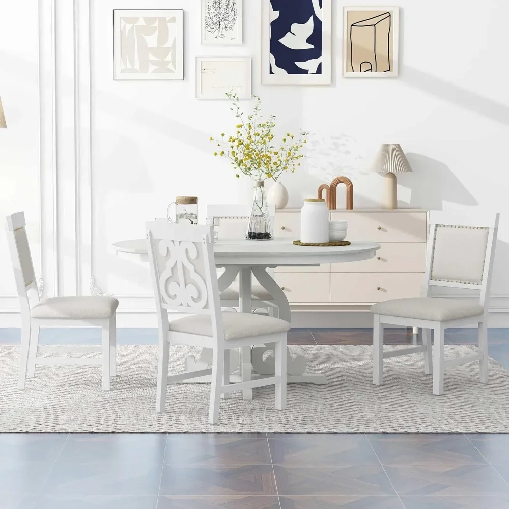 

5 Piece Dining Table Set, Extendable Tables with A 16-inch Leaf and 4 Upholstered Chairs, Retro Functional Dining Set