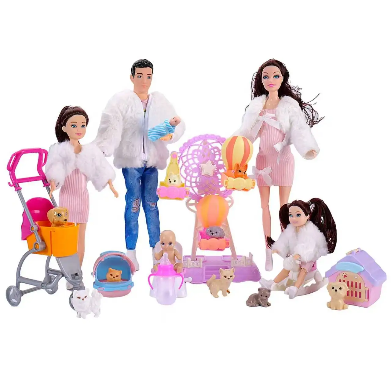 30cm A Family Of Six Pregnant Doll Cute Pet Stroller Ferris Wheel Set Babi Doll Have A Baby In Her Tummy Dress Up Play House Toy