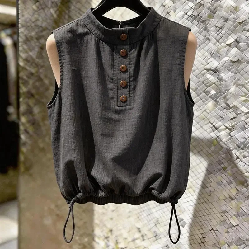 Women Sleeveless Mandarin Collar Blouse with Covered Buttons Loose Fit Short Crop Top Lightweight Solid Color Casual Summer Top