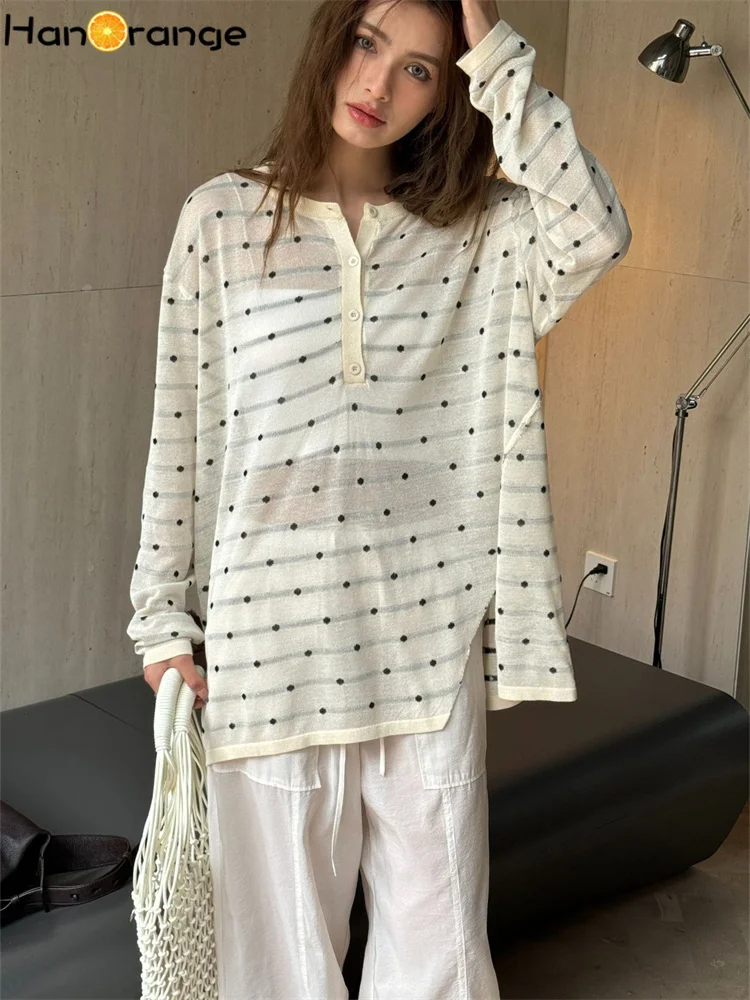 HanOrange 2024 Summer Retro Lazy Polka Dot Knitted Sweater Women Lightweight Breathable Loose Knitting Top Apricot/Black