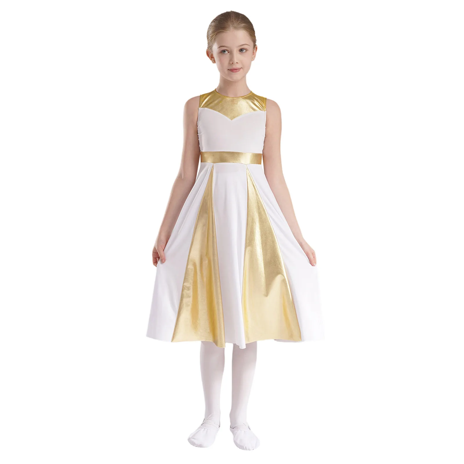 Girls Liturgical Praise Dance Dress Color Block Sleeveless Contemporary Lyrical Dance Costume Tunic Church Worship Dresses