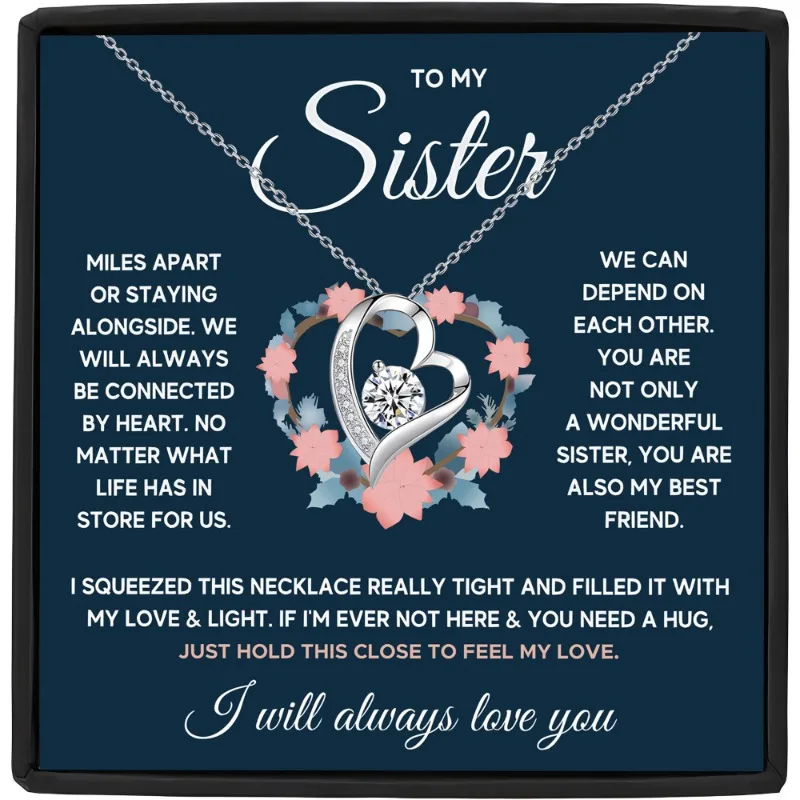 Elegante collar en forma de corazón, caja de regalo para hermanas, regalo de cumpleaños con tarjeta de mensaje, joyería de la mejor hermana para mujer, recuerdo