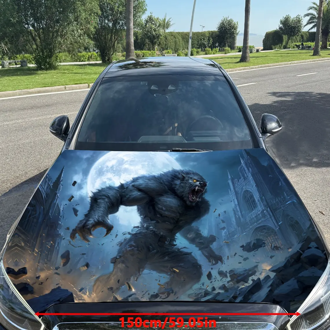 Fantasy Moonlit Werewolf Car Vinyl Wrap, PVC Material Waterproof Car Hood Sticker, Self-Adhesive Scratch-Resistant Stickers for