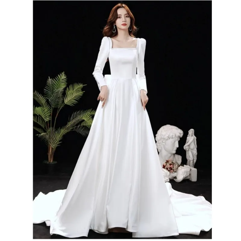 Vestido De novia De satén De fantasía, traje De fiesta De manga larga, clásico, elegante, con lazo, novedad De 2023