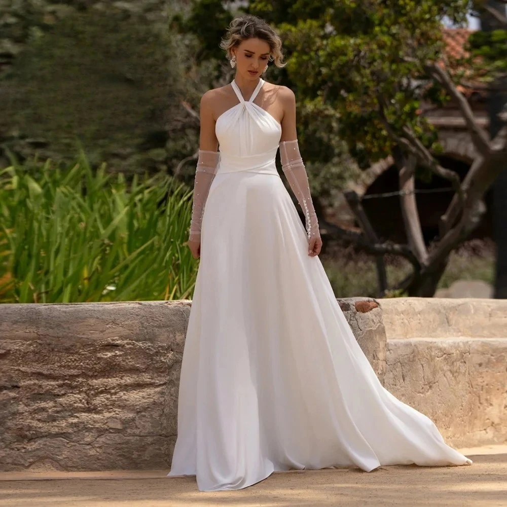 Customized Halter Neck Bridal Gown Open Back Design Sheer Sleeves Bow Detail Long Train Elegant New Design Charming 2026