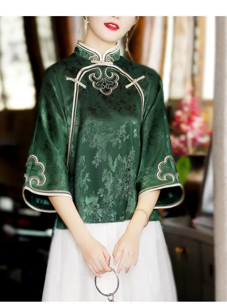 Embroidered Blouses Women Satin Silk Jacquard Retro Tang Shirt Vintage Chinese Ethnic Style Cheongsam Top Summer Autumn New