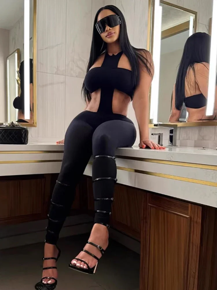 

EOENKKY сексуальный комплект из 2 предметов с открытой спиной, женский эластичный топ без рукавов + узкий комбинезон с лямкой на шее, одинаковые комбинезоны для фитнеса и улицы, вечерние клубные комбинезоны