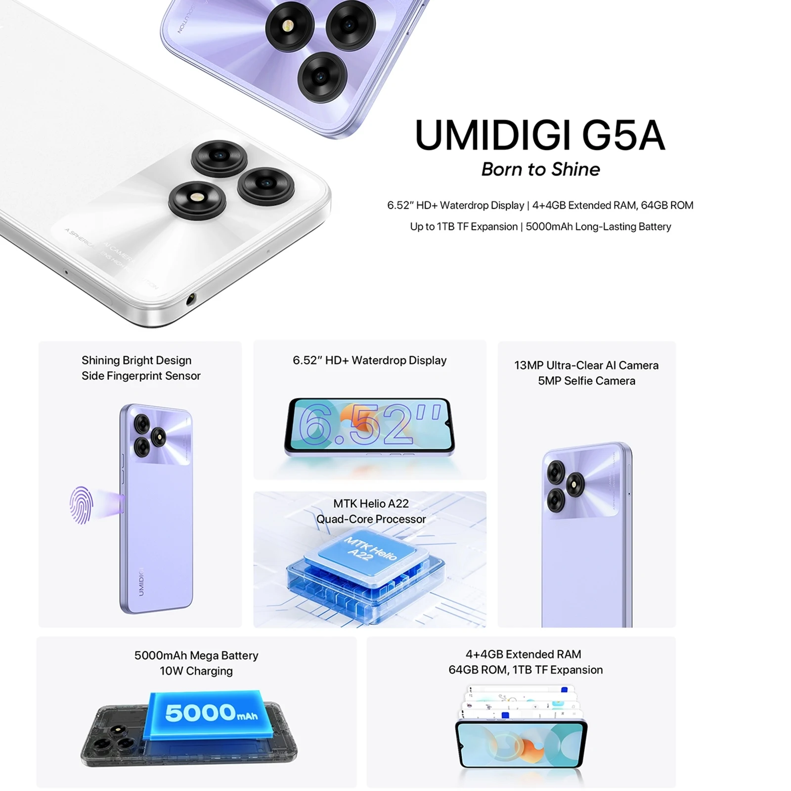 UMIDIGI-teléfono inteligente G5A, pantalla de 6,52 pulgadas, 4GB + 64GB, Helio A22 MTK, Android 13, batería de 5000mAh, cámara de 13MP, 10W, 4G