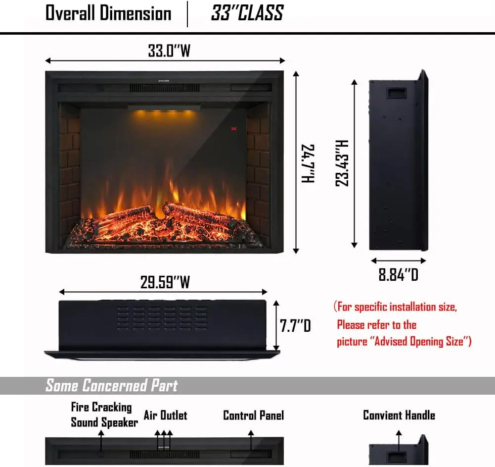 33'' Electric Fireplace Insert, Retro Recessed Fireplace Heater with Fire Cracking Sound, Remote Control & Timer, 750/1500