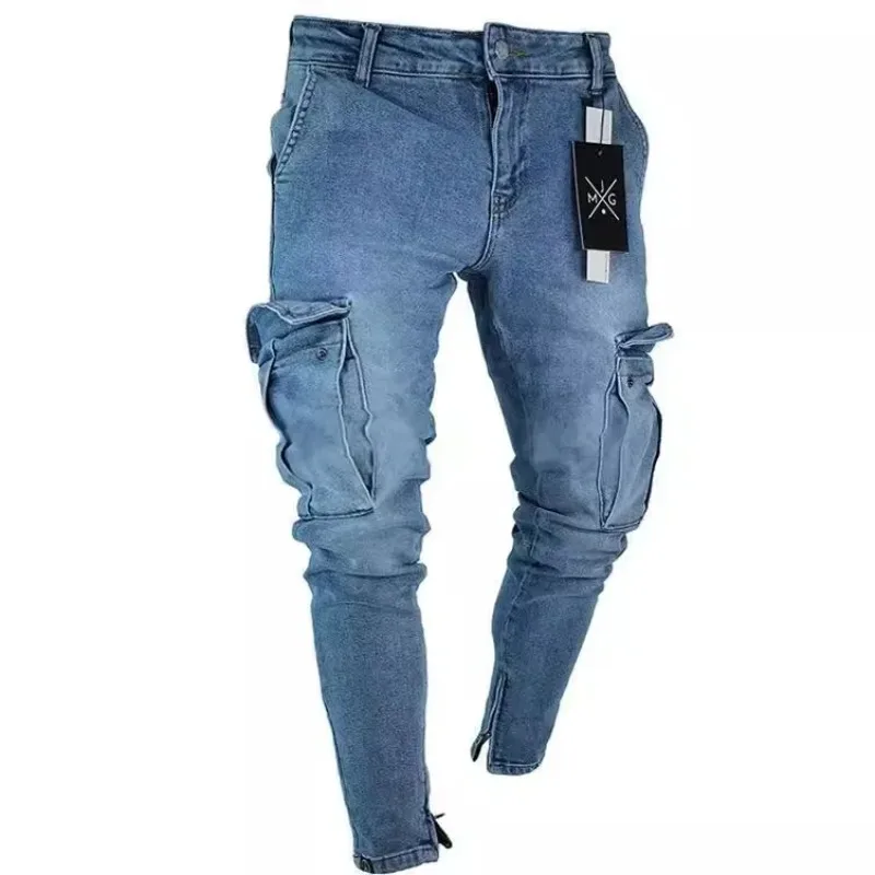 Pop Y2K Stretch Jeans For Men Neutral Loose Straight Pencil Pants Big Pocket Vintage Wide Leg Jeans Casual High Street Hip Hop J