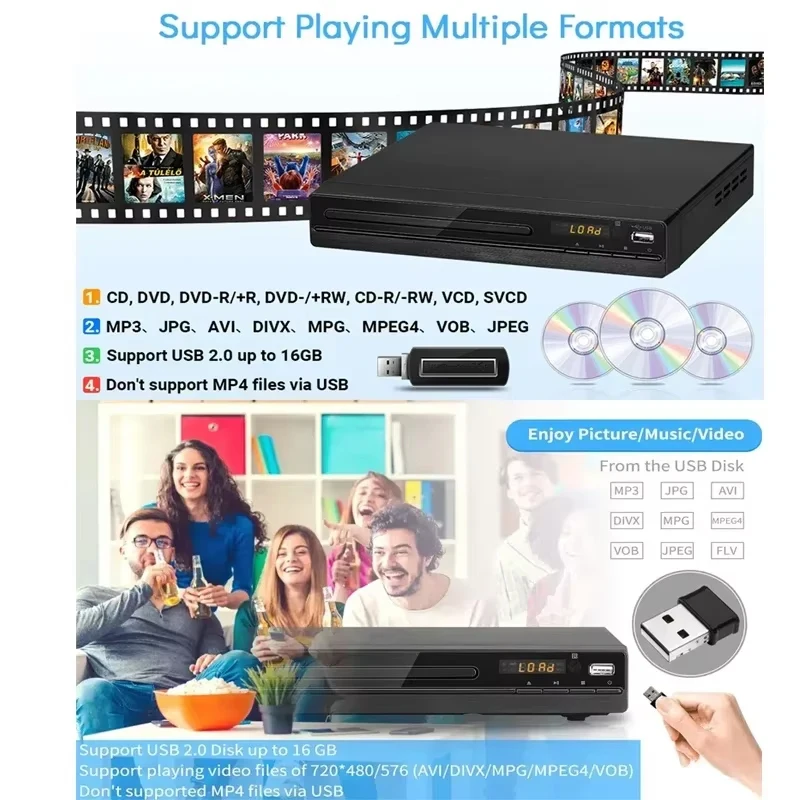 مشغل ديفيدي مع جهاز تحكم عن بعد 1080P HD صندوق مشغل VCD للوسائط المتعددة للتلفزيون مشغل أقراص DVD نظام المسرح المنزلي متوافق مع HDMI