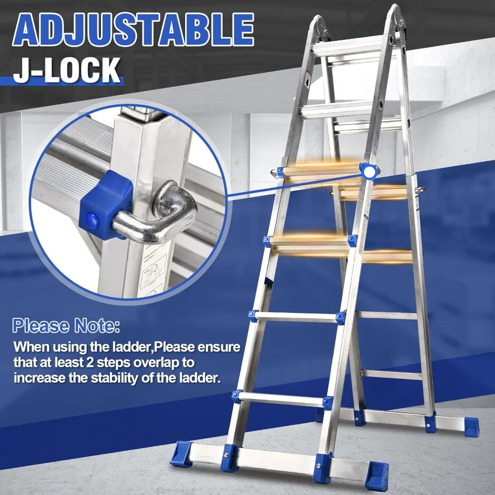 Een frame 4-staps verlengladder 17 Ft, multipositieladder met verwijderbare gereedschapsbak en stabilisatorstang, capaciteit van 330 lbs