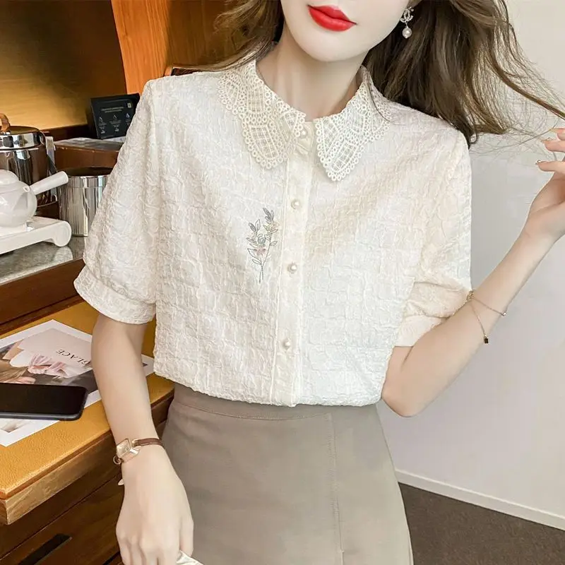 Fashion Solid Color Embroidered Blouse Womne New Classic Summer Short Sleeve Peter Pan Collar Single-breasted Lady Shirt 2023