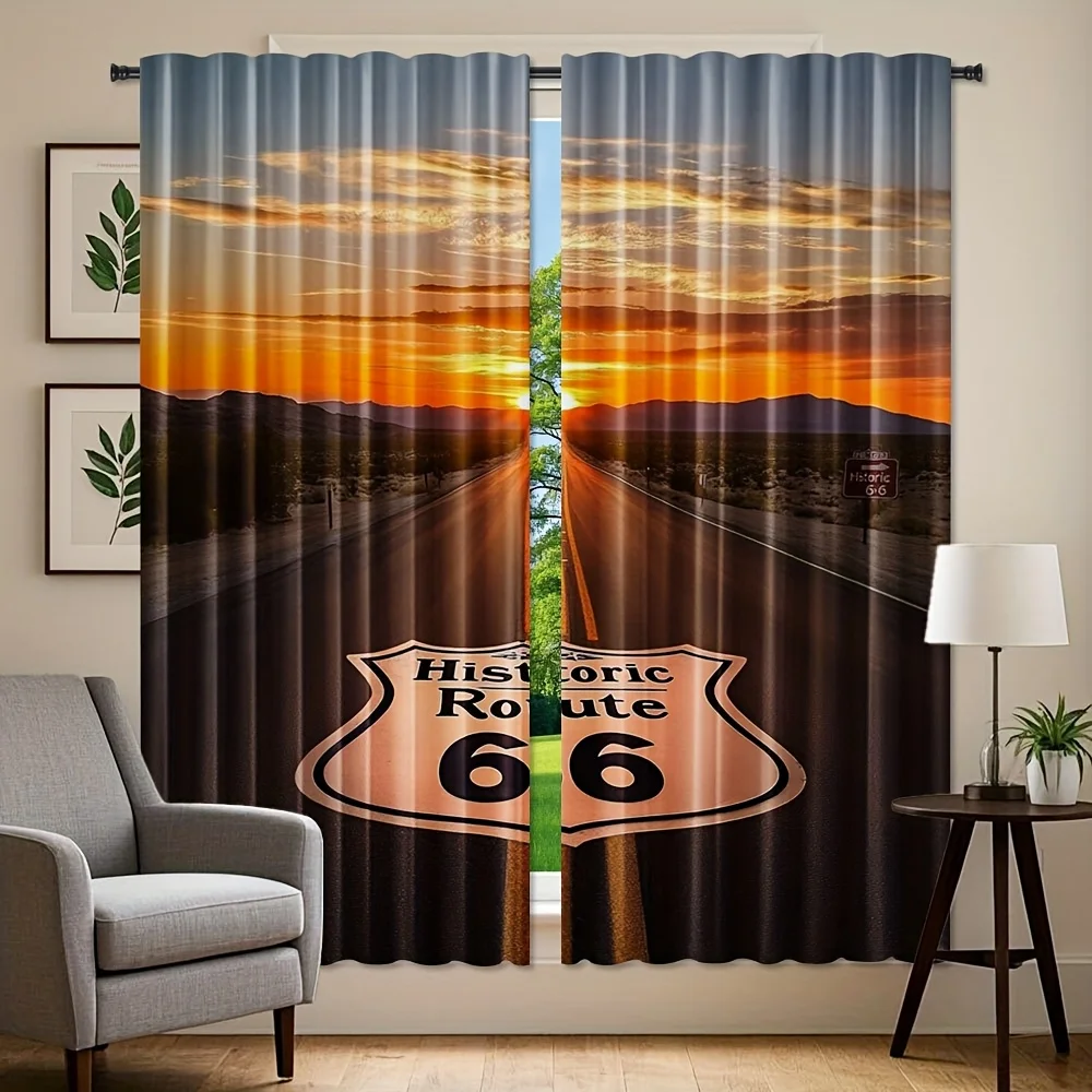 Stylish Window Curtains Historic Route 66 Travel Sunset Desert Americana Road Trip Drapes Panels Home Decoration Gift