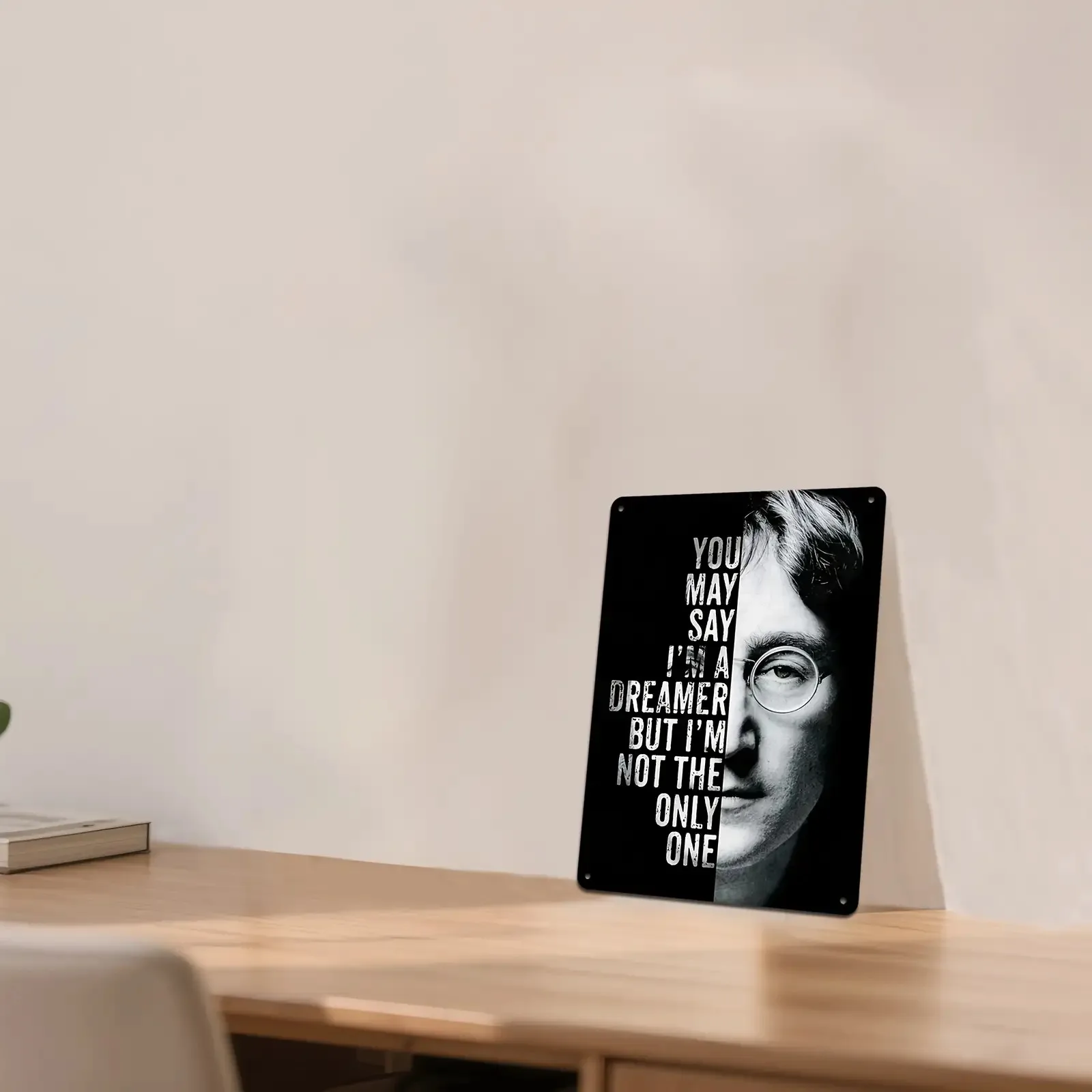 2D Flat, Single-Sheet John Lennon Beatles Tin Sign Made of Metal Wall Art - Black and White Image, Featuring the Famous Quote 