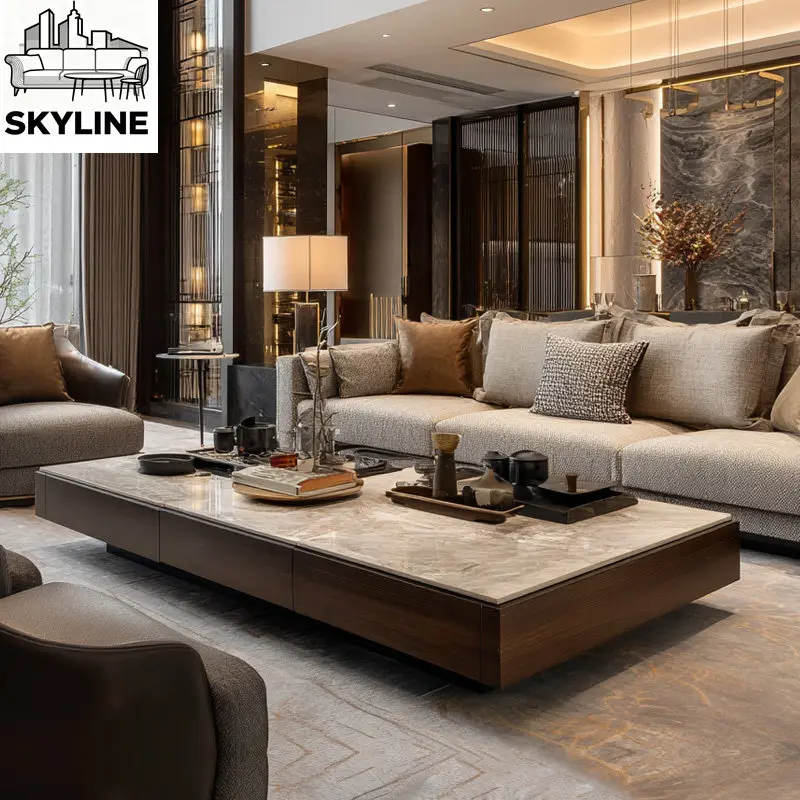 Solid wood marble coffee table household walnut high-end sense of size modern apartment