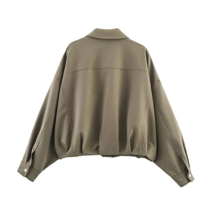 ETJ 2025 منتجات جديدة للربيع والخريف للسيدات سترة ذات طية صدر السترة مزخرفة بجيب كبير وحاشية مطوية نسخة فضفاضة سترة منفوخة