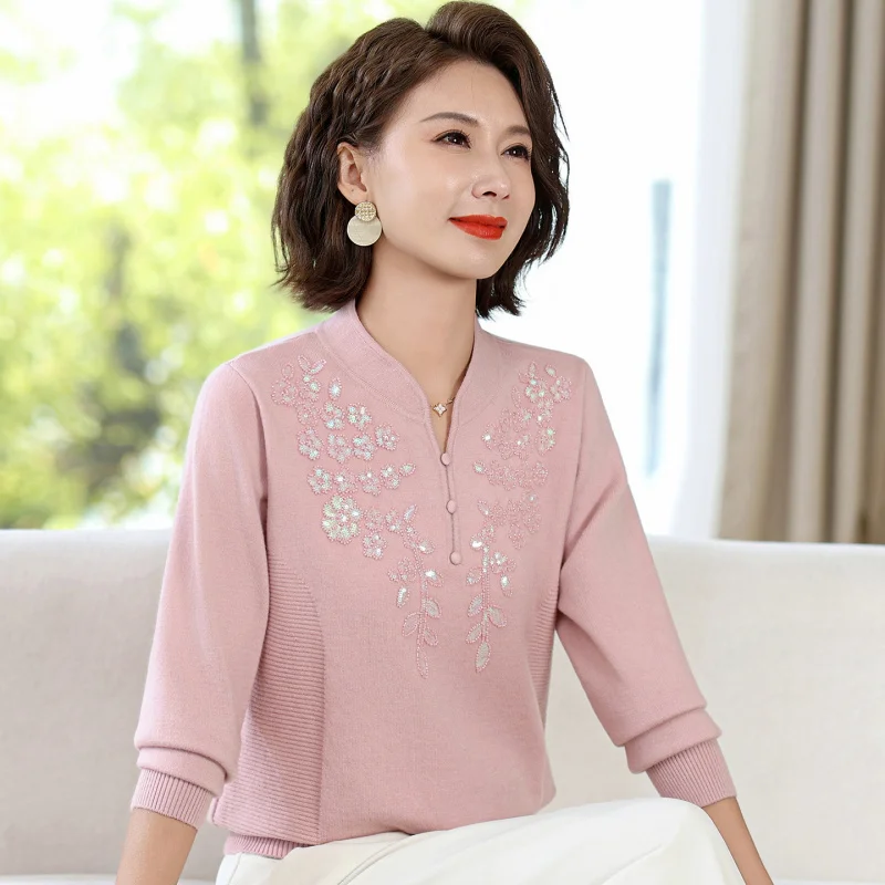 

Trendy Mom Style Spring Autumn Knitted Red Loose Sweater Middle-Aged Autumn New Zodiac Year Women'S Top