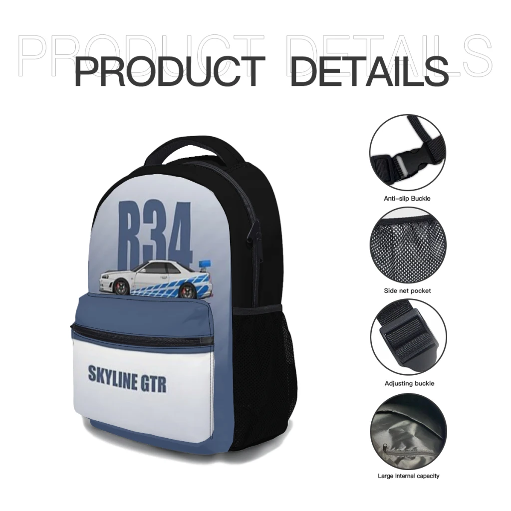 Bolsa de computador impermeável lavável, Skyline GTR R34 Mochila Versátil, Grande capacidade, Unisex