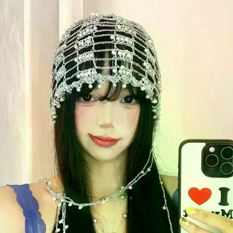 Trendy Handmade Chain Beaded Design Hollow Pullover Hats For Women Summer Autumn Personality Versatile Retro Punk Niche Beanies