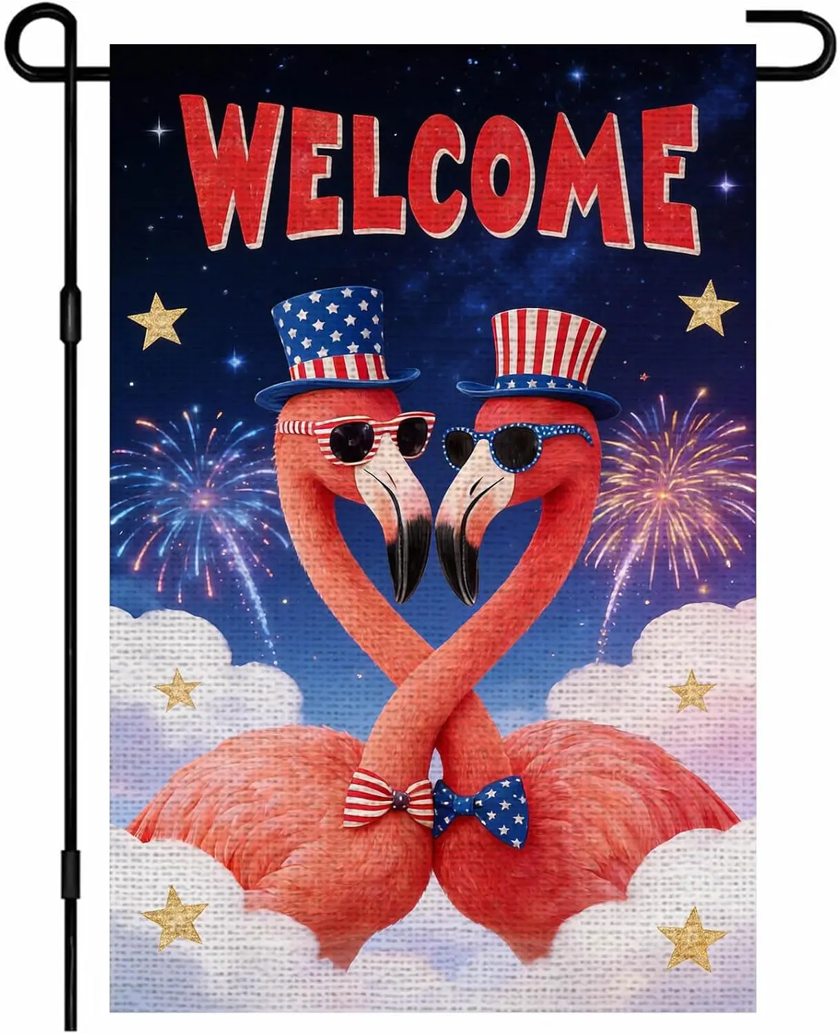IVN Welcome 4th of July Garden Flag 12x18 Inch Burlap Double Sided Flamingo Couple American Flag Yard Patriotic Independence jjp