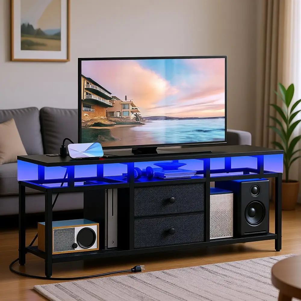 

Тумба под телевизор 45 дюймов со светодиодной подсветкой, тканевыми дверцами и открытыми полками для медиацентра или гостиной