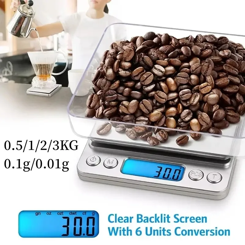 Balança de Cozinha LCD Digital de Alta Precisão, Balança Eletrônica, Alta Sensibilidade, 0.1 0.01G, 3kg, 500g