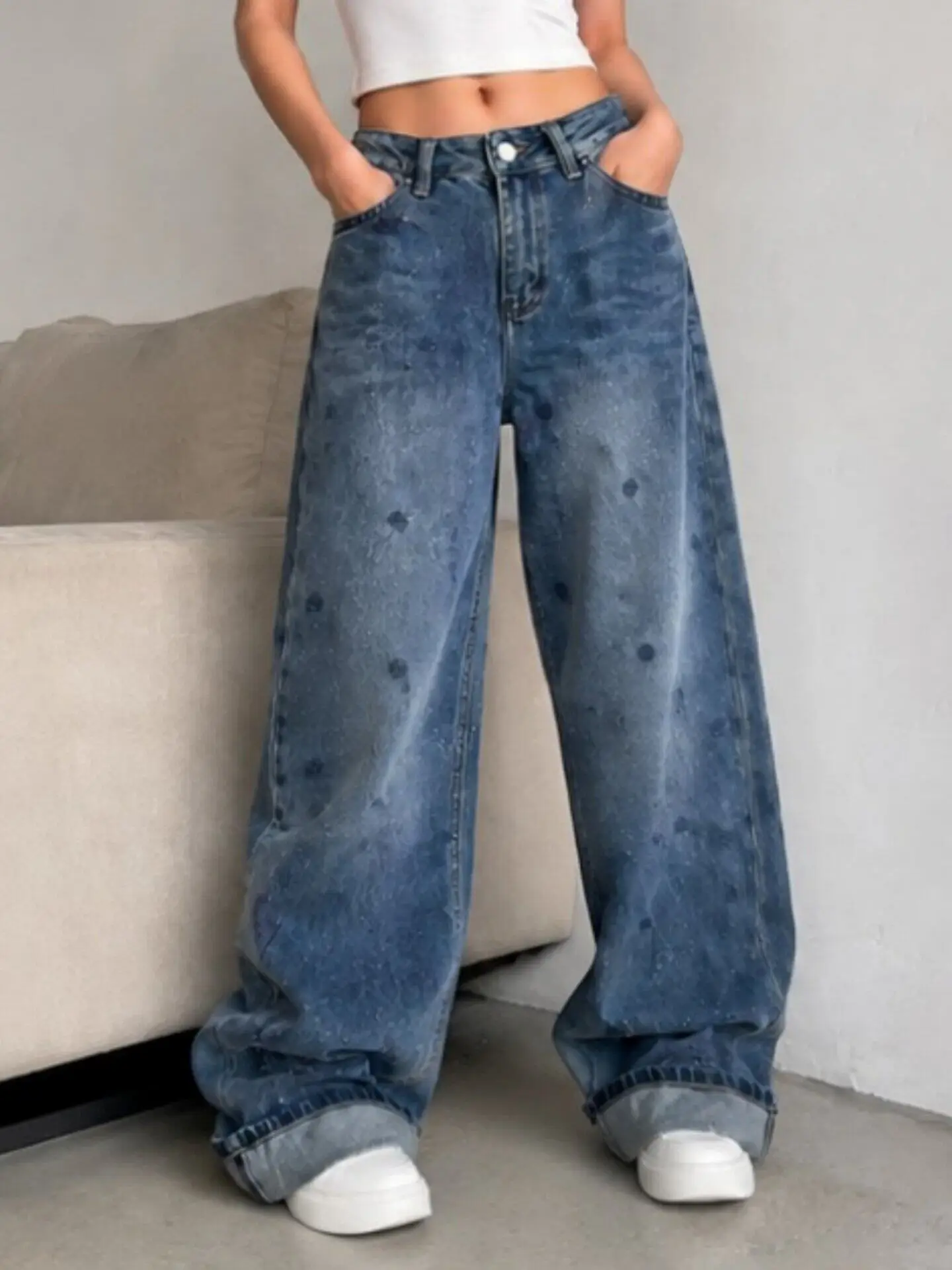 Embroidered Wide Leg Denim Jeans Women's High Waist Straight Cut Floor Length Slimming Pants Commute Style Korean Fashion