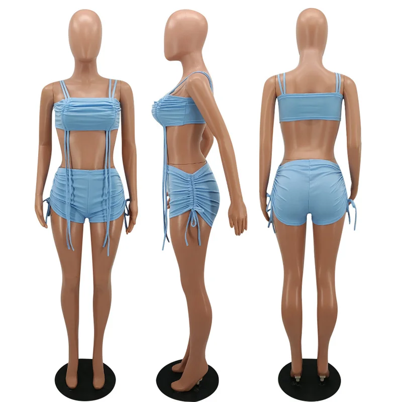 Sexy Drawstring Ruched Women 2 Piece Set Summer Outfit Vacation Beach Birthday Crop Top and Shorts Clubwear Party Matching Sets