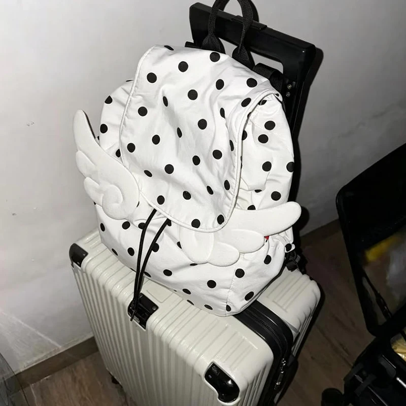 Y2k Girl Cute Wing Backpack Stylish Polka Dot Print Drawstring Bag Harajuku Girl Large Capacity Nylon Preppy Style Backpack