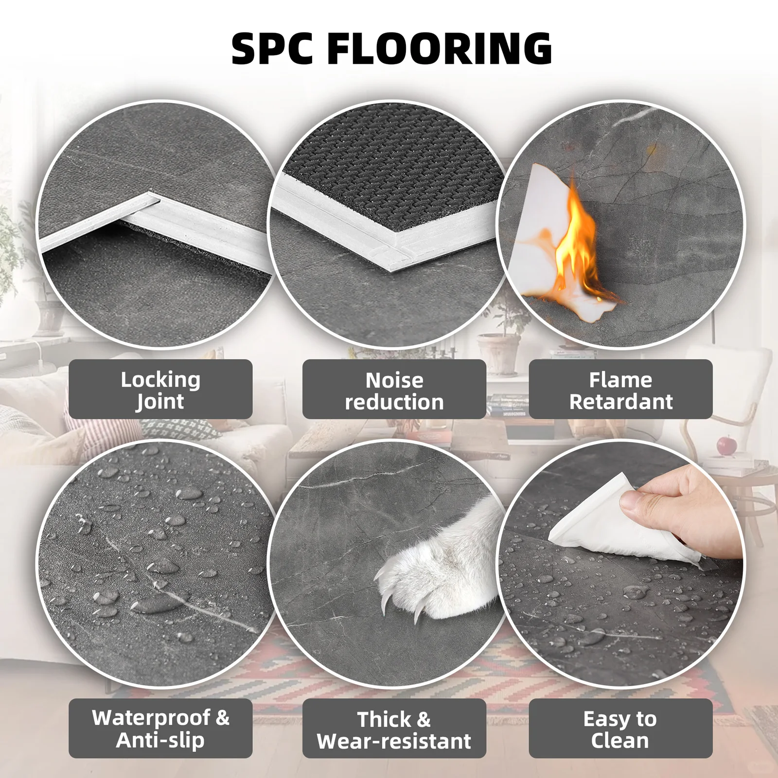 12 "× 24" بلاط أرضيات SPC منقوش بالحجر للأشعة فوق البنفسجية مضاد للبكتيريا درجة تجارية لمكتب المستشفى والتجزئة