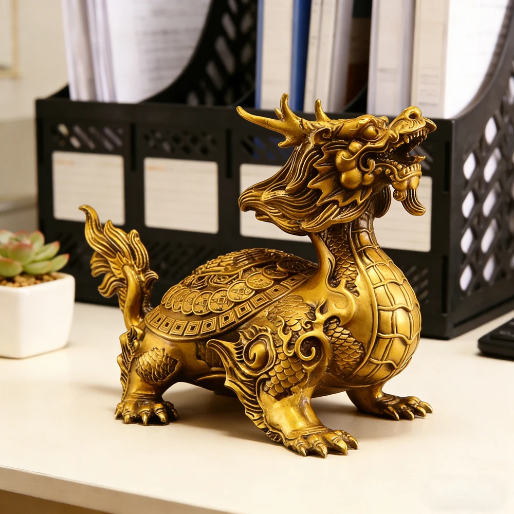 Brass Dragon Tortoise Desk Ornament Desktop Decorative Crafts for Feng Shui Wealth & Protection Home Office Artware Decor Statue view 3