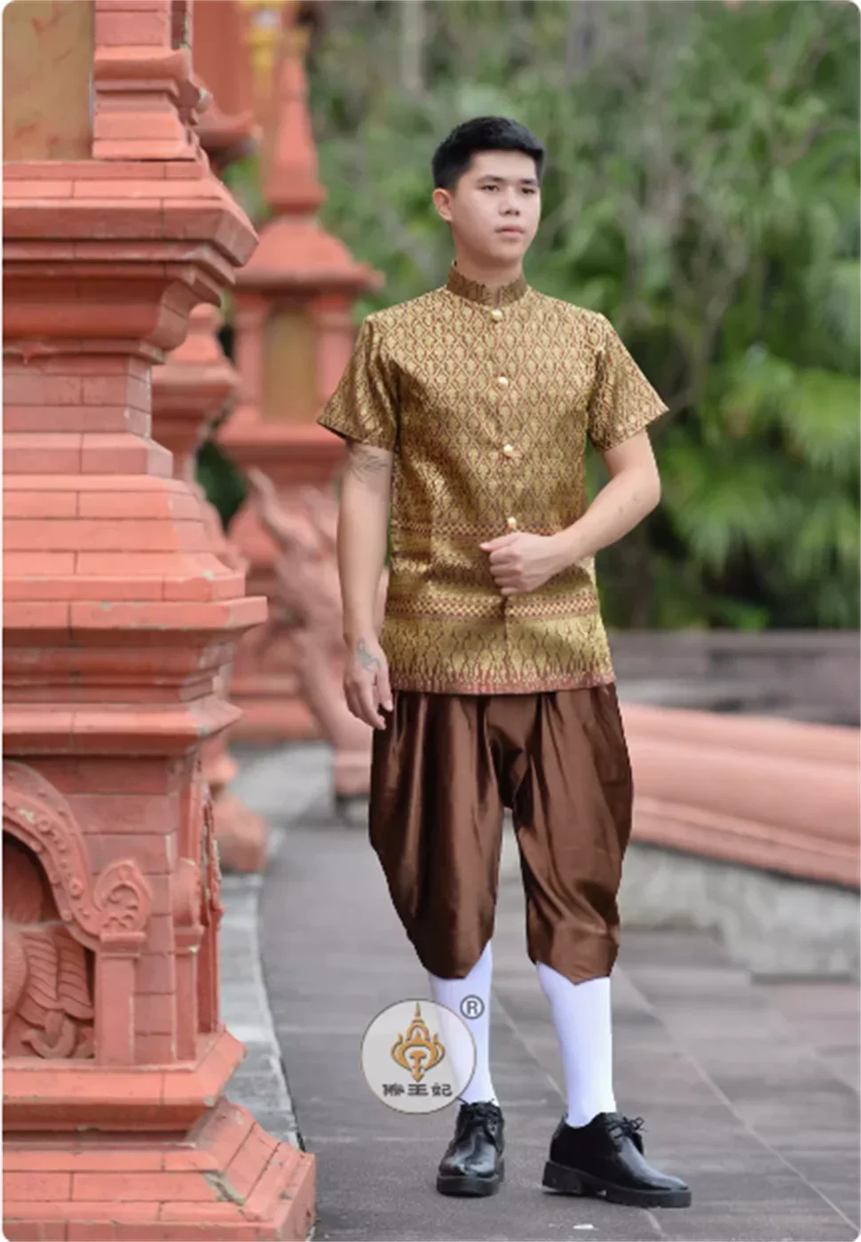 Thai men's standing collar short sleeved sarong pants