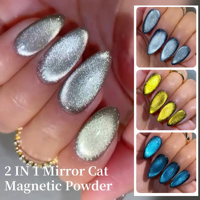 NICOLE DIARY 2 IN 1 Mirror Cat Magnetic Chrome Powder Bright Water Blue Moonlight Magnetic Glitter Pigments Rub Dust On Manicure