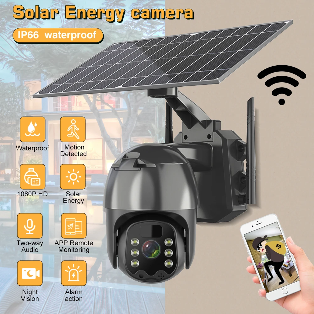 4MP Wireless Security Camera System Outdoor Wifi PTZ Solar Surveillance Camera with Built-in 3 Batteries APP Remote Monitoring