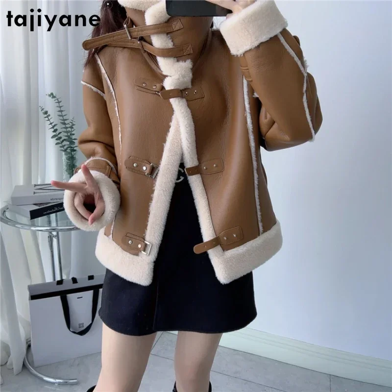 Tajiyane Hot Sale Schaf Scher jacken für Frauen 2023 Herbst Winter 100% Wolle Mantel Stand Kragen Composite Pelz mäntel Chaquetas