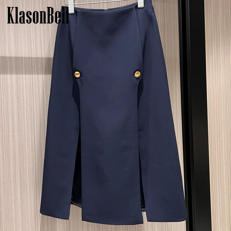 

7.23 KlasonBell Women Gold Button Decoration Double Split Skirt Fashion Office Lady Temperament All-Matches Long Skirt