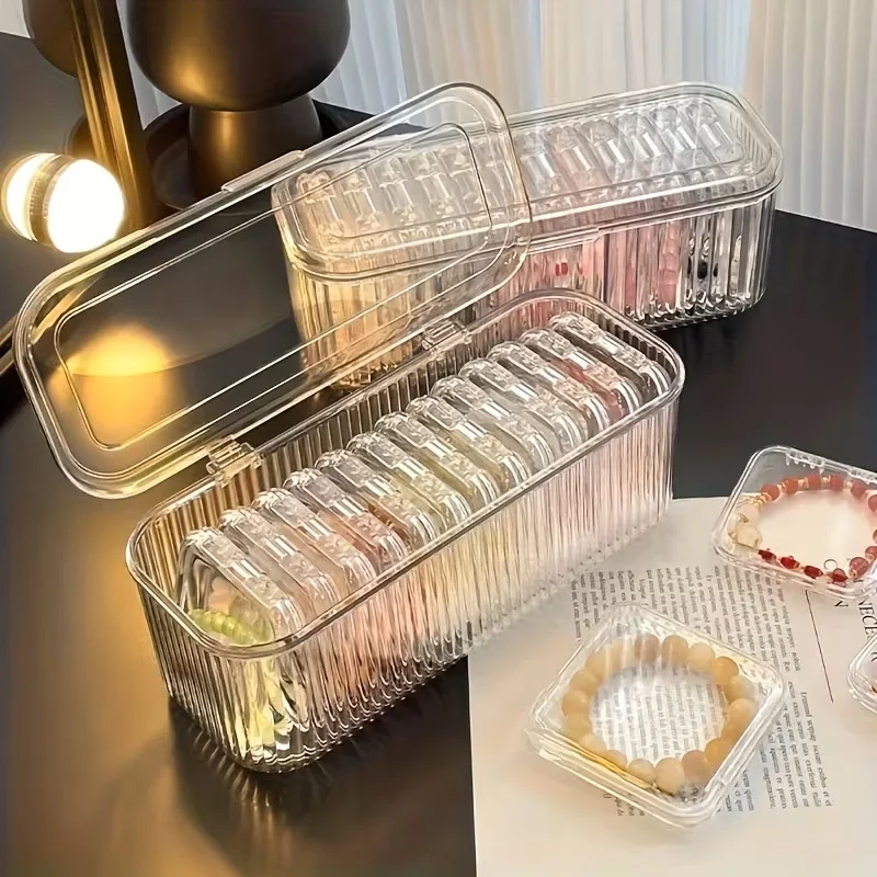 1 Large Box with 12pcs Small Square Transparent Plastic Nail Storage Containers with Lids Dustproof Striped for Nail Stickers view 5