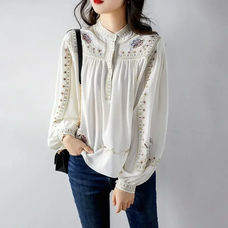 

Pop Pop Fashionable Bohemian Print Shirt Women's Lantern Sleeve Top Spring Autumn New Style Versatile Retro Ethnic Patterned Blo