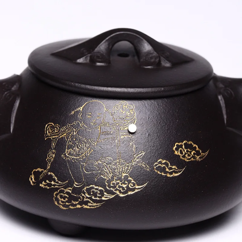Drop-Shipping Yixing Pure Handmade Raw Ore Purple Clay Teapot With Gold Detailing Stone-Shaped Teapot High-End Tea Set