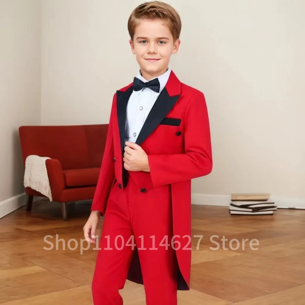 Classic Boys' Suit Red Tailcoat 2-Piece Blazer and Pant Sets Children's Formal Tailcoat Suit Wedding Party Performance