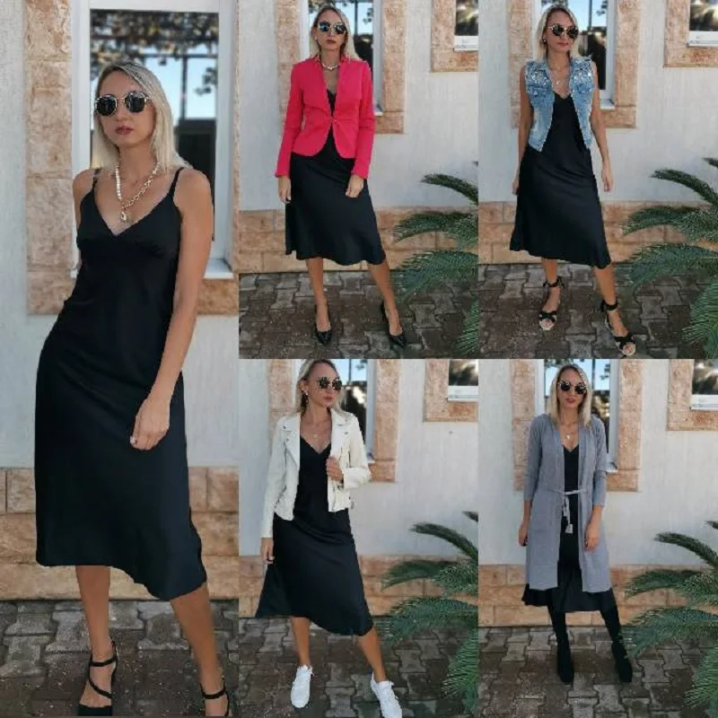 2022 Frauen Satin tiefen V-Ausschnitt sexy Kleid solide gerade Pyjama Party kleid elegante weibliche Sommer Spaghetti träger Kleid lässig