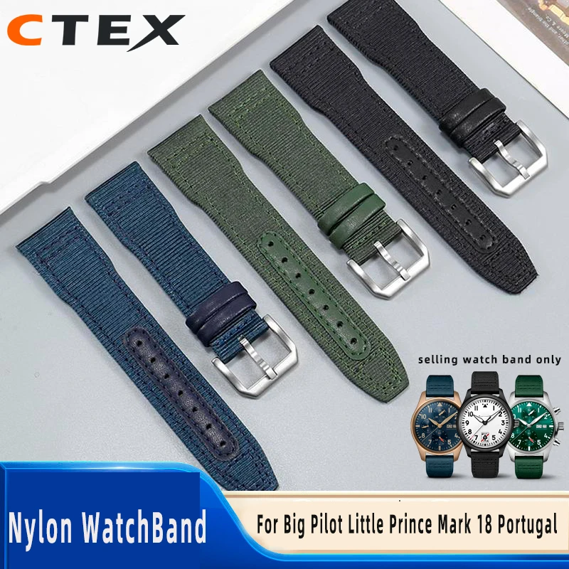 Para iwc pulseira de náilon grande piloto pequeno príncipe mark 18 portugal náilon lona couro masculino pulseira relógio 20 21 22mm pulseira verde