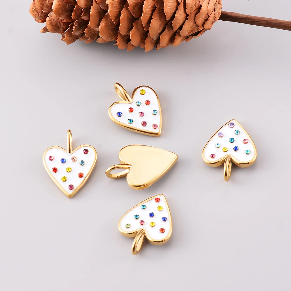 Wholesale 5 PCs Stainless Steel Colorful Rhinestone Enamel Heart Charms Pendant DIY Necklace Jewelry Finding Making